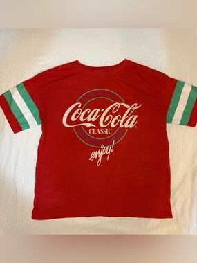 Coca-Cola Red Tee with Green and White Striped Sleeves